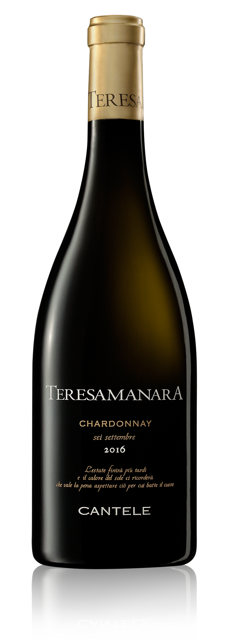 Bottle shot of 2016 Teresa Manara IGT Salento Chardonnay